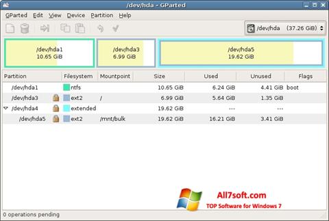 لقطة شاشة GParted لنظام التشغيل Windows 7