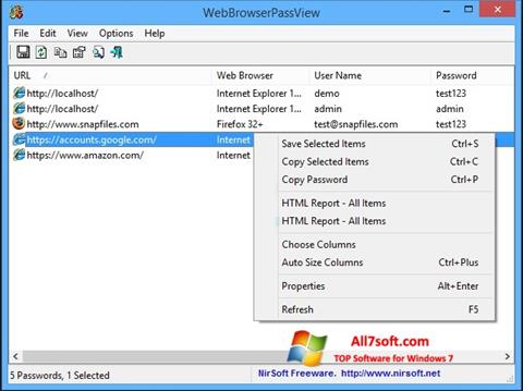 لقطة شاشة WebBrowserPassView لنظام التشغيل Windows 7