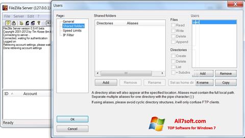 لقطة شاشة FileZilla Server لنظام التشغيل Windows 7