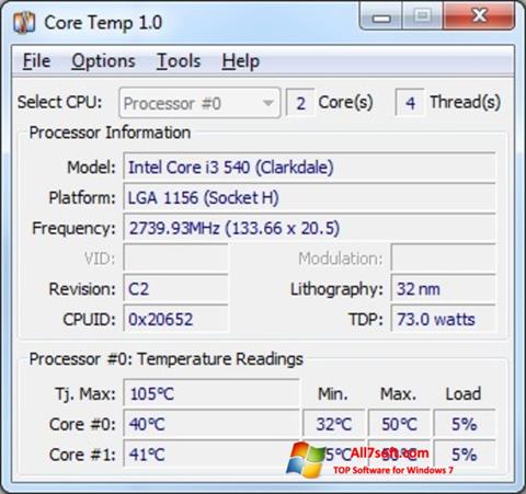 لقطة شاشة Core Temp لنظام التشغيل Windows 7