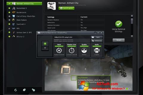 لقطة شاشة NVIDIA GeForce Experience لنظام التشغيل Windows 7
