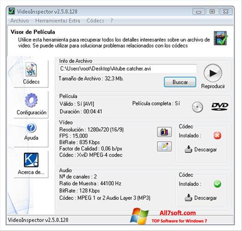 لقطة شاشة VideoInspector لنظام التشغيل Windows 7
