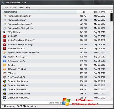 لقطة شاشة Geek Uninstaller لنظام التشغيل Windows 7
