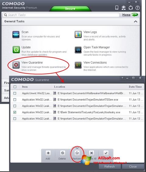 لقطة شاشة Comodo Internet Security لنظام التشغيل Windows 7