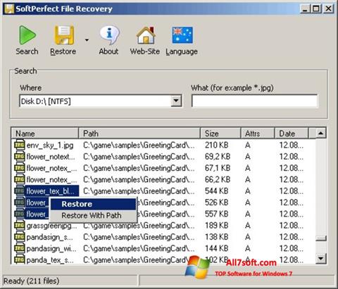 لقطة شاشة SoftPerfect File Recovery لنظام التشغيل Windows 7