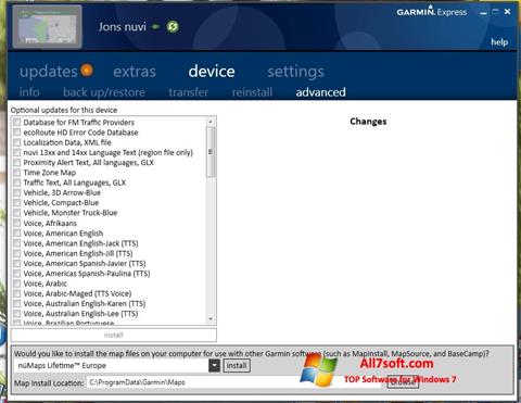 لقطة شاشة Garmin Express لنظام التشغيل Windows 7
